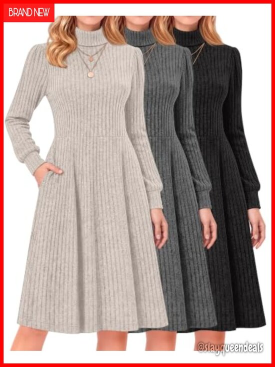 Dresses & Skirts - Womens Long Sleeve Sweater Dress Set Pockets Turtleneck Puff Cuff